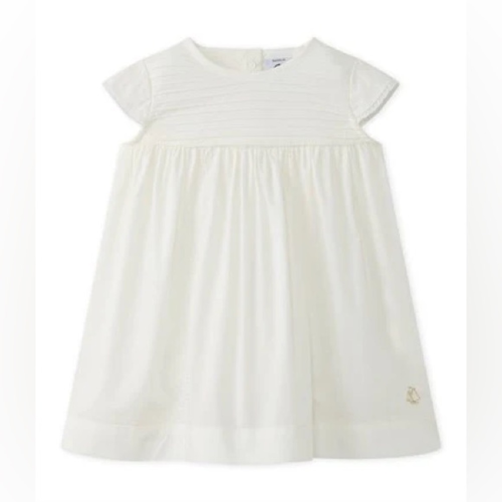 Petite Bateau Baby Girls White Poplin Cotton Textured Ruffle Dress- 2T